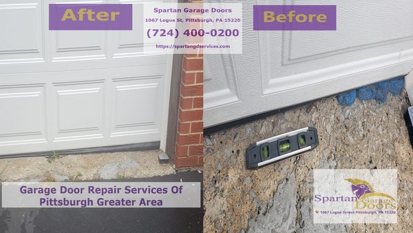 Before and after of a Norfolk garage door bottom seal replacement, the new EPDM seal closing the gap that let summer pests under the door
